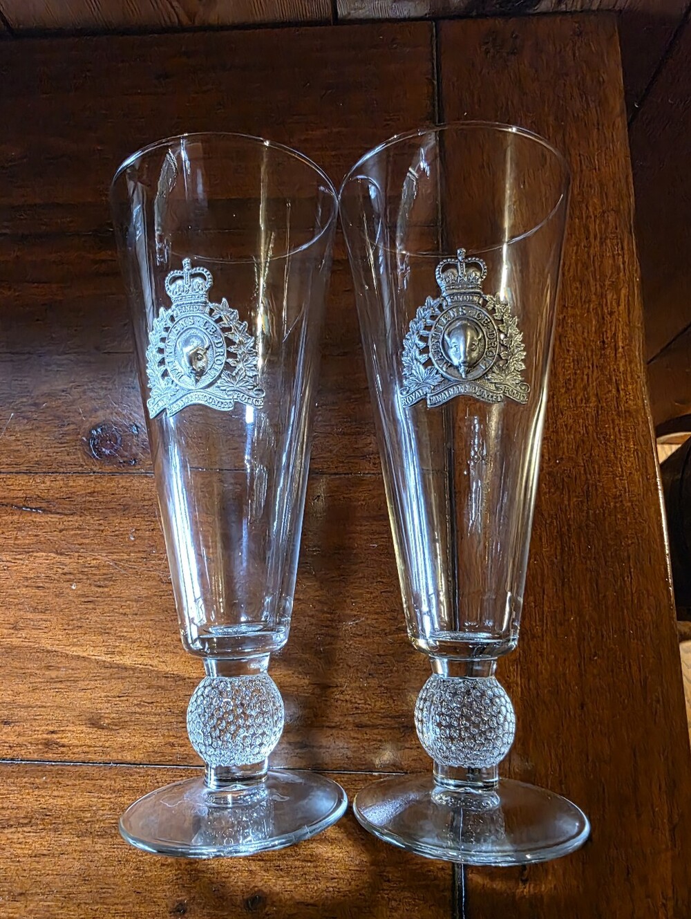Mounted Police (RCMP) Themed Pilsner Beer Glasses(2) With Pewter Emblems.